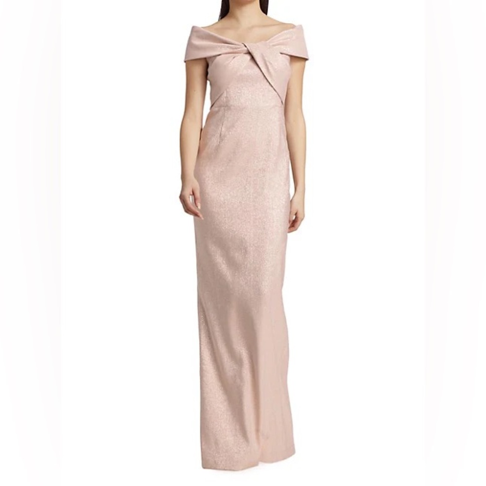 Teri Jon by Rickie Freeman Ice  Pink Metallic Off The Shoulder Gown Formal